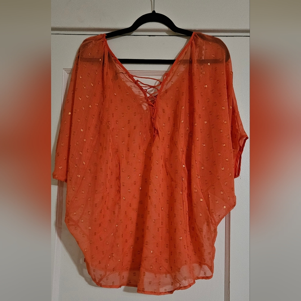 Shear Flutter Sleeve Orange with Gold Accent Top. Lace up Accent on front&back - Picture 5 of 5